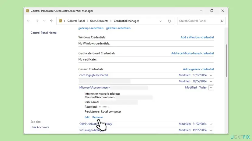 Control Panel Credential Manager on Windows 11 with the Generic Credentials list open and one entry expanded to show its Edit and Remove links