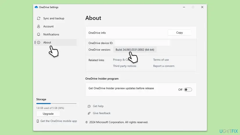OneDrive Settings window on the About tab showing the OneDrive version build number in the OneDrive info box
