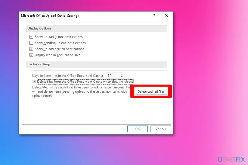 Microsoft Office Upload Center Settings window with the Cache Settings section, the Days to keep files in the Office Document Cache box and the Delete cached files button highlighted