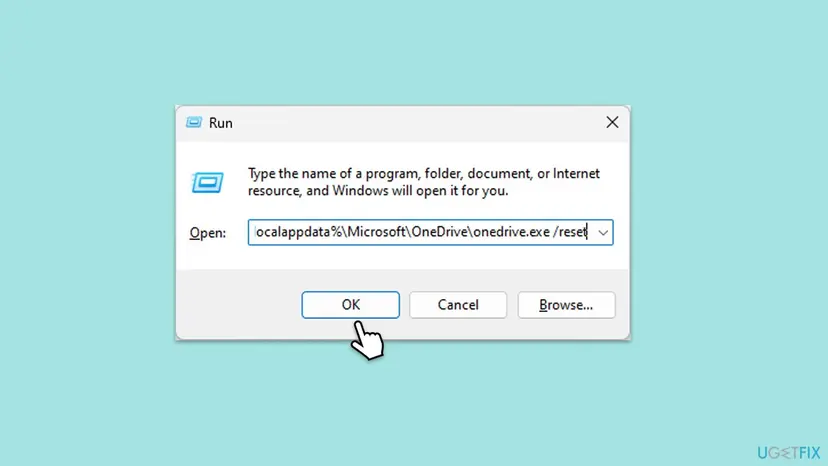 Windows 11 Run dialog with the command %localappdata%\Microsoft\OneDrive\onedrive.exe /reset typed in the Open box and the OK button selected
