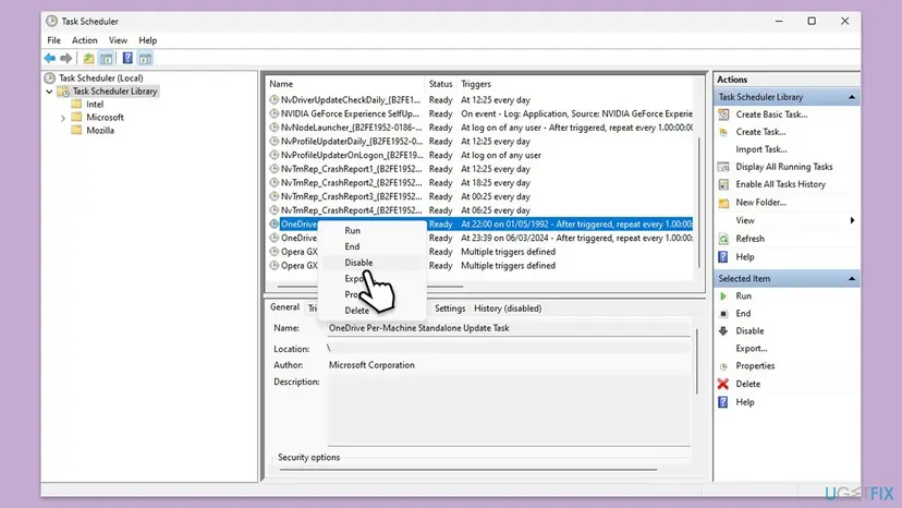Task Scheduler Library with OneDrive Per-Machine Standalone Update Task selected and the right-click menu open on Disable