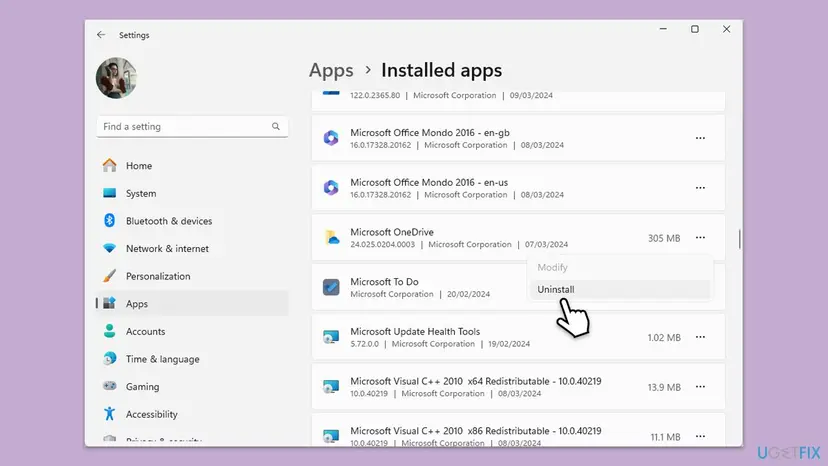 Windows 11 Settings, Apps, Installed apps with Microsoft OneDrive 24.025 listed and its menu open on Uninstall