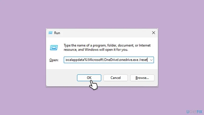 Run dialog with the command %localappdata%\Microsoft\OneDrive\onedrive.exe /reset in the Open box and the OK button selected