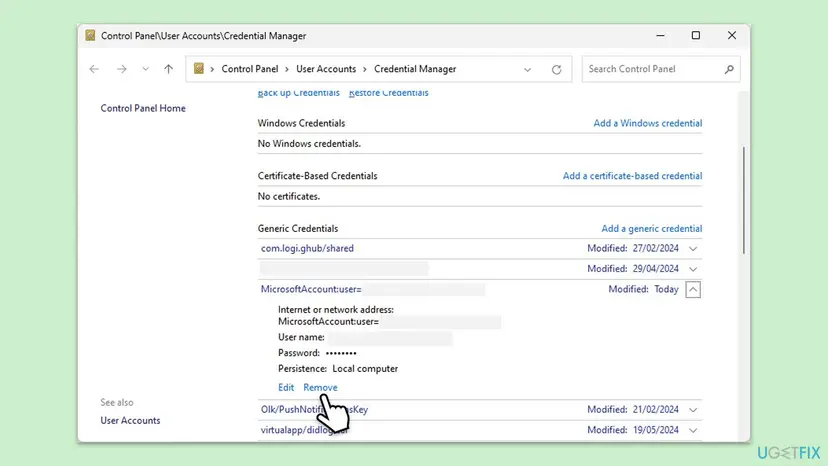 Windows 11 Credential Manager with Windows Credentials open, an expanded Generic Credentials entry and its Remove link
