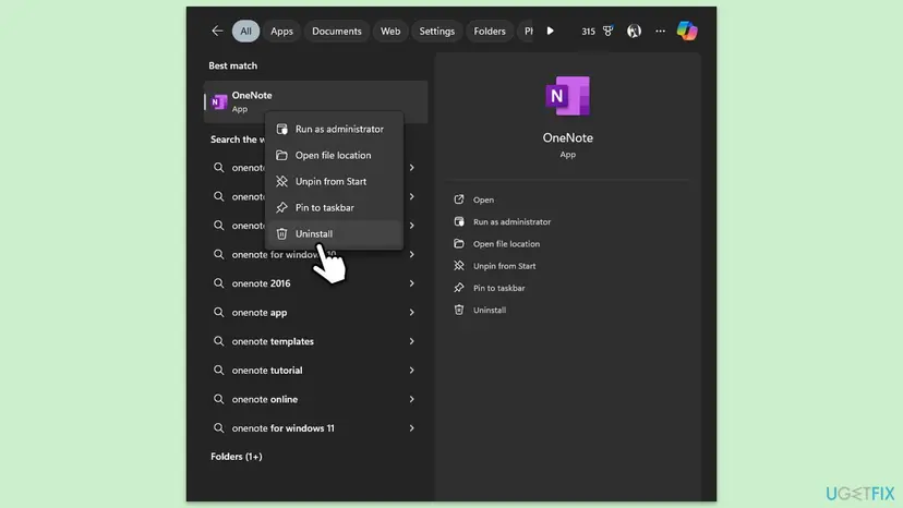 Windows 11 Start search for OneNote with the right-click menu open on the OneNote app and Uninstall selected