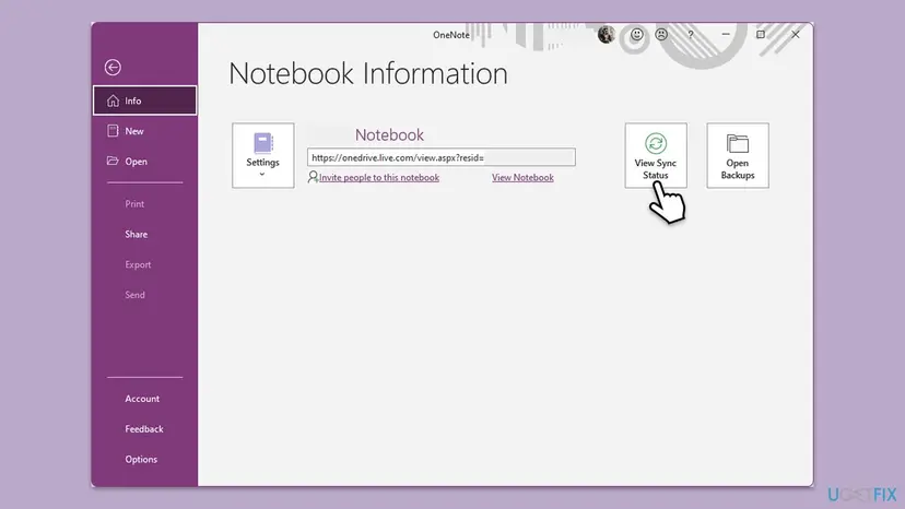 OneNote File menu on the Info tab with Notebook Information, the notebook's OneDrive address and the View Sync Status button