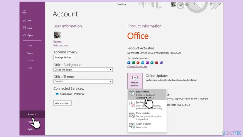 OneNote File > Account page with Product Information, Office Updates and the Update Options menu open on Update Now