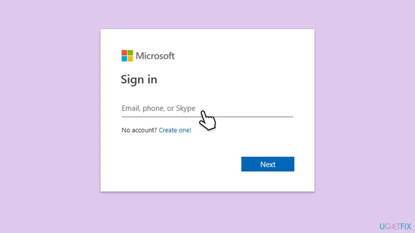 Microsoft sign-in window with the Email, phone, or Skype box and the Next button, used to open onedrive.com before creating the new notebook