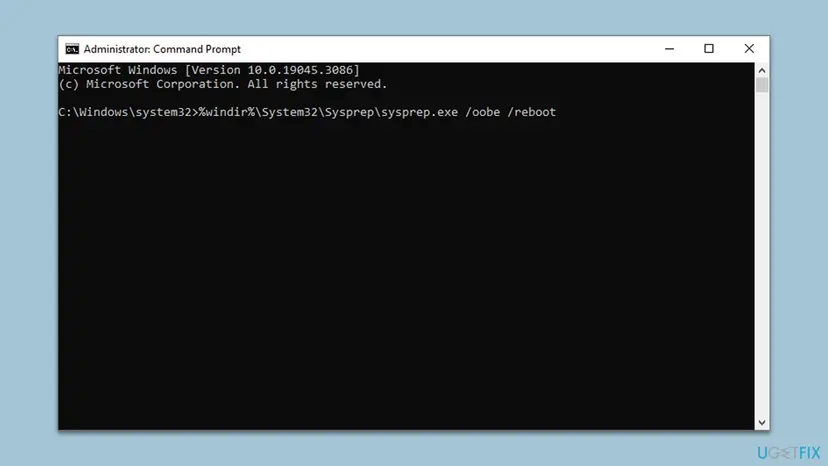 Administrator Command Prompt with the command %windir%\System32\Sysprep\sysprep.exe /oobe /reboot typed at the prompt