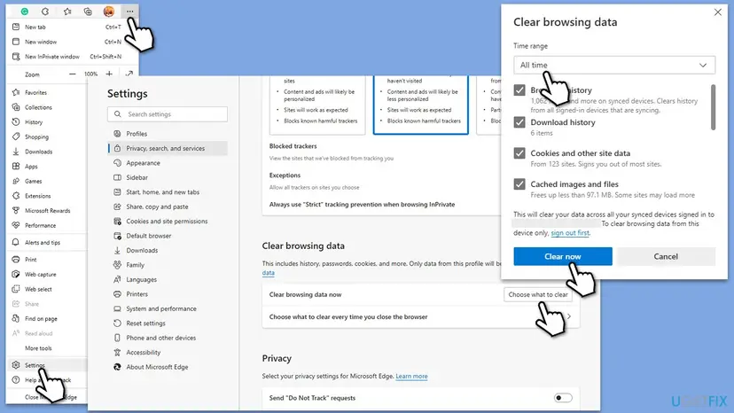 Clearing browsing data and cache in Microsoft Edge settings