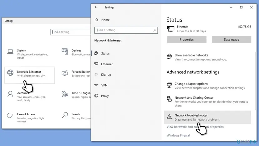 Windows Settings showing Network and Internet Status and Network troubleshooter option