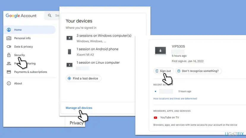 Google Account security settings showing Your devices and the Sign out button