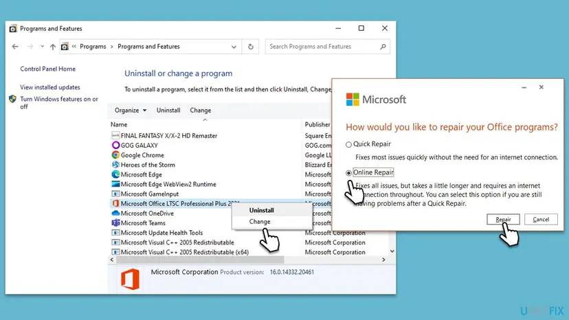 Programs and Features with Microsoft Office selected and Change chosen, next to the Office repair window with Online Repair selected