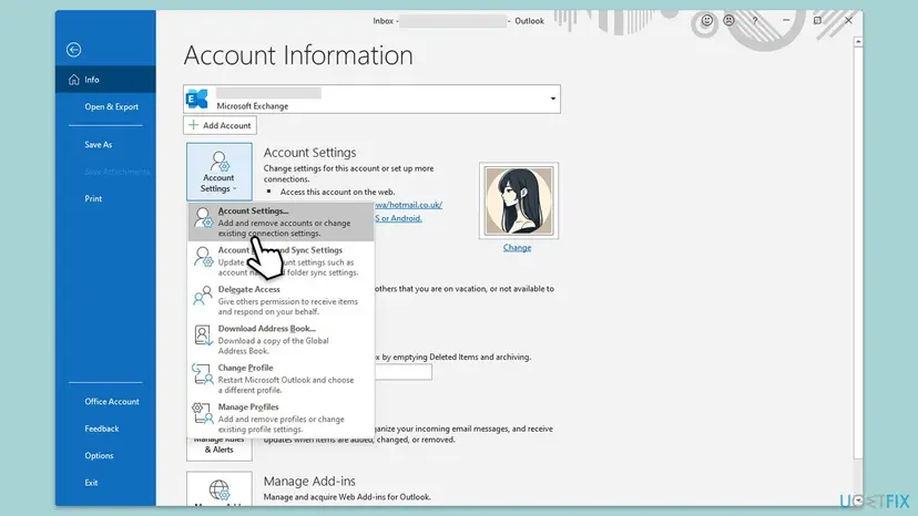 Classic Outlook File menu on the Info page with Account Settings opened and the Account Settings item highlighted