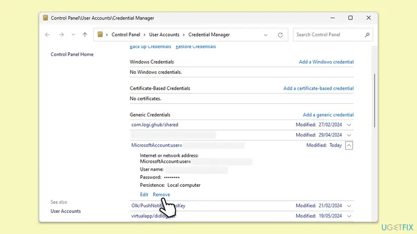 Credential Manager in Control Panel with Windows Credentials open and a generic credential expanded to show the Edit and Remove links