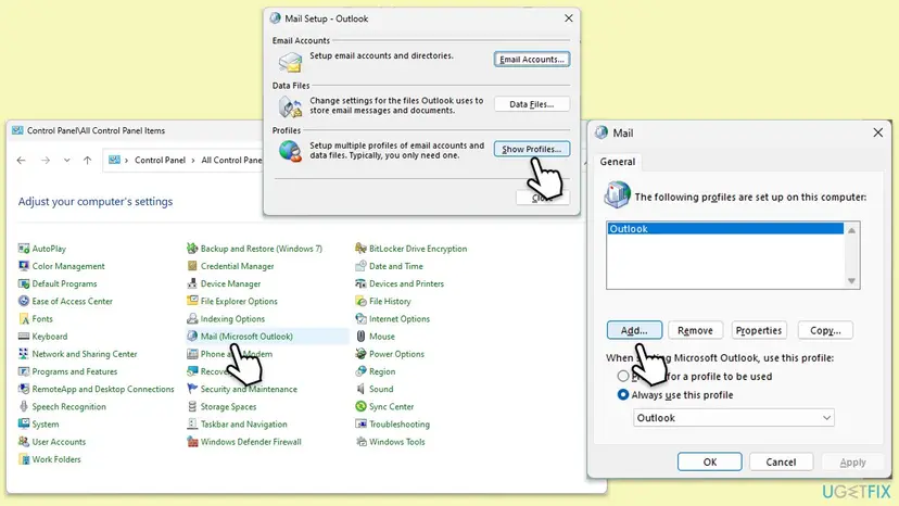 Control Panel with Mail (Microsoft Outlook) selected, the Mail Setup window with Show Profiles, and the Mail profile list with the Add button