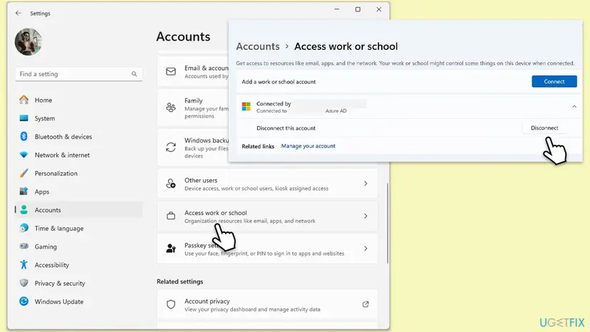 Windows 11 Settings at Accounts > Access work or school with a connected Azure AD account expanded and the Disconnect button