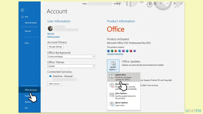 Outlook Office Account page with Update Options open and Update Now highlighted under Product Information