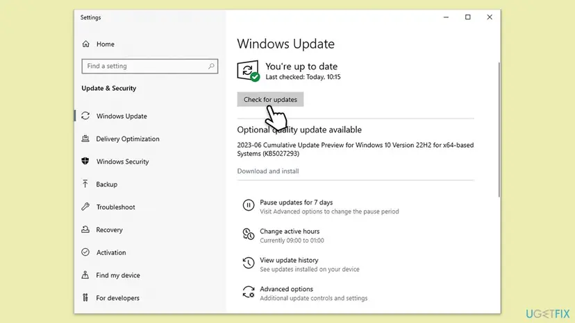 Windows 10 Settings on the Windows Update page with the Check for updates button and the status You're up to date