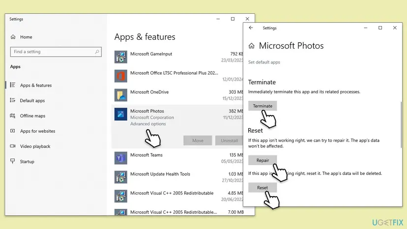 Windows 10 Settings, Apps and features with Microsoft Photos selected and its Advanced options page showing the Terminate, Repair and Reset buttons