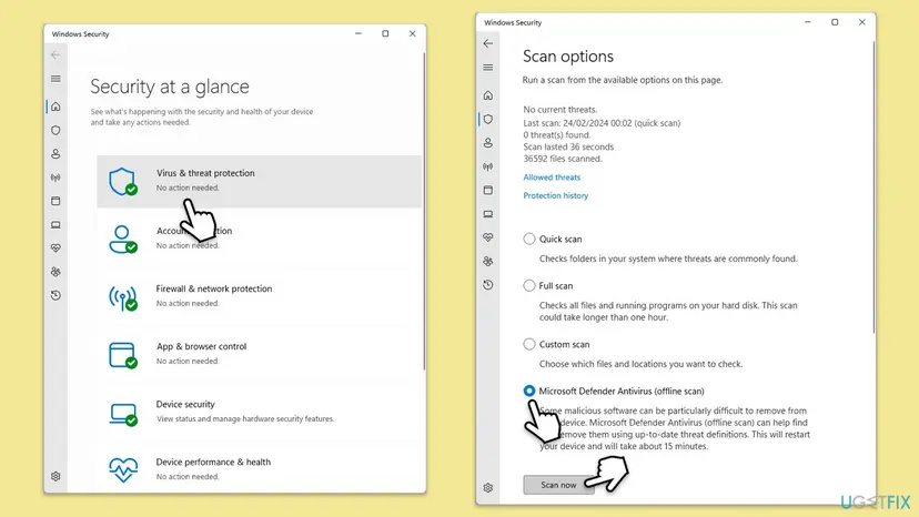 Windows Security with Virus and threat protection, and Scan options with Microsoft Defender Antivirus offline scan selected and the Scan now button