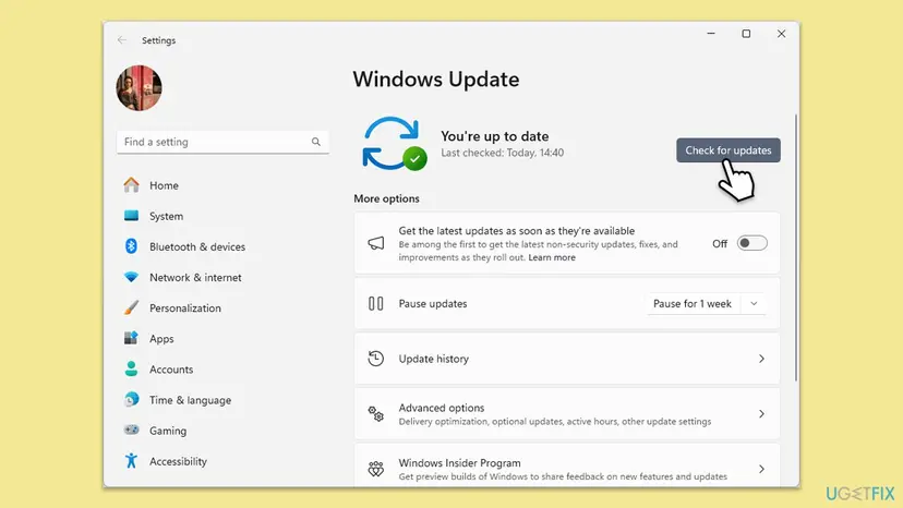 Windows 11 Settings on the Windows Update page with You're up to date and the Check for updates button pointed at