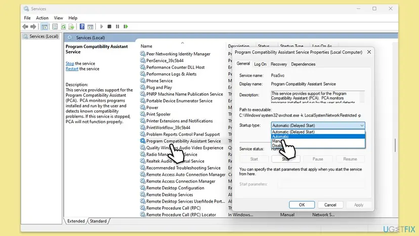 Services window with Program Compatibility Assistant Service selected and its Properties dialog showing service name PcaSvc and the Startup type list open