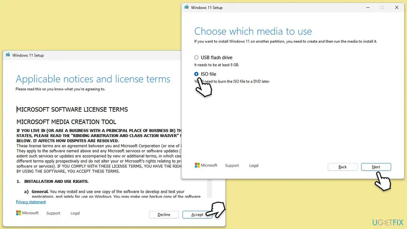 Windows 11 Setup from the Media Creation Tool with the license terms Accept button and the Choose which media to use page with ISO file selected