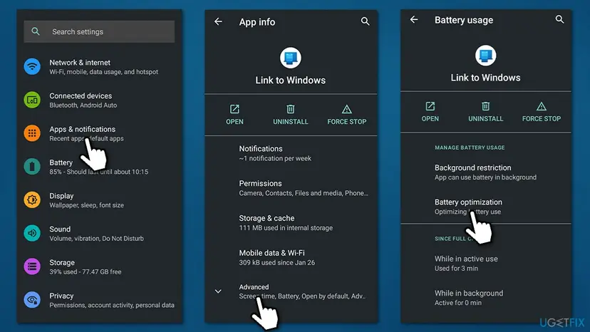 Android Settings with Apps and notifications, then Link to Windows App info with Advanced, then Battery usage with Battery optimization