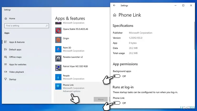 Windows 10 Settings, Apps and features with Phone Link Advanced options: Background apps and Runs at log-in both turned Off