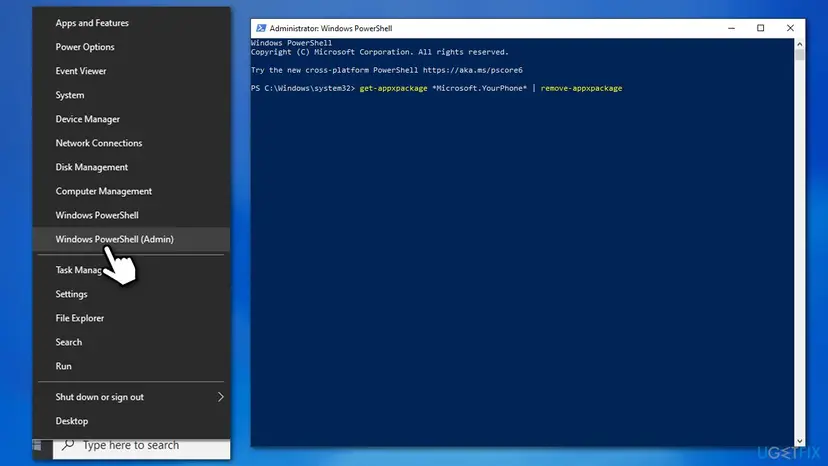 Windows 10 administrator PowerShell window with the command get-appxpackage Microsoft.YourPhone piped to remove-appxpackage