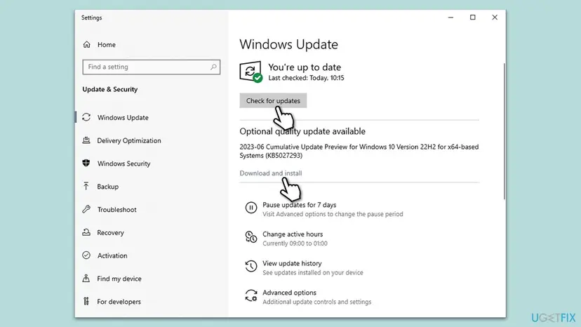 Windows 10 Windows Update settings page with the Check for updates button and an optional quality update offered for download