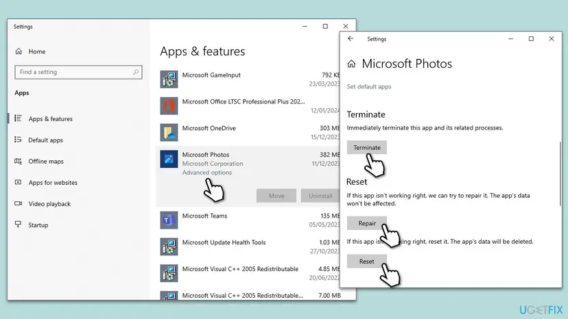 Windows 10 Settings at Apps and features with Microsoft Photos selected and its Terminate, Repair and Reset buttons in Advanced options