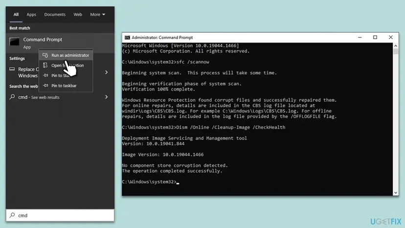 Command Prompt opened as administrator from Windows search, with sfc /scannow and DISM CheckHealth finished in the window