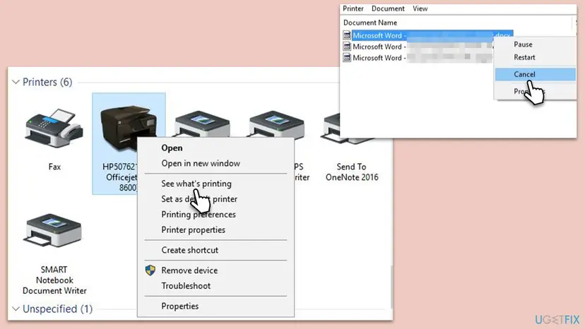 Devices and Printers with the right-click menu of a printer open on See what's printing, and a print queue with Cancel selected for a Word document