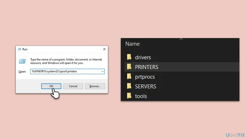 Run dialog with %WINDIR%\system32\spool\printers typed in, next to the spool folder with the PRINTERS, drivers, prtprocs, SERVERS and tools folders