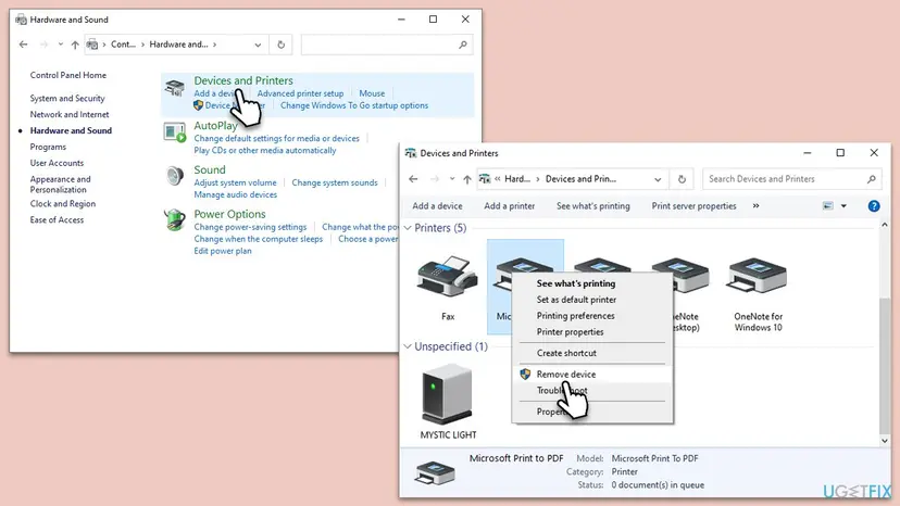 Control Panel Hardware and Sound with Devices and Printers, and the Devices and Printers window with Remove device selected in a printer's menu