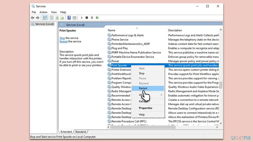 Services window with Print Spooler selected, its description about spooling print jobs, and the right-click menu showing Stop and Restart
