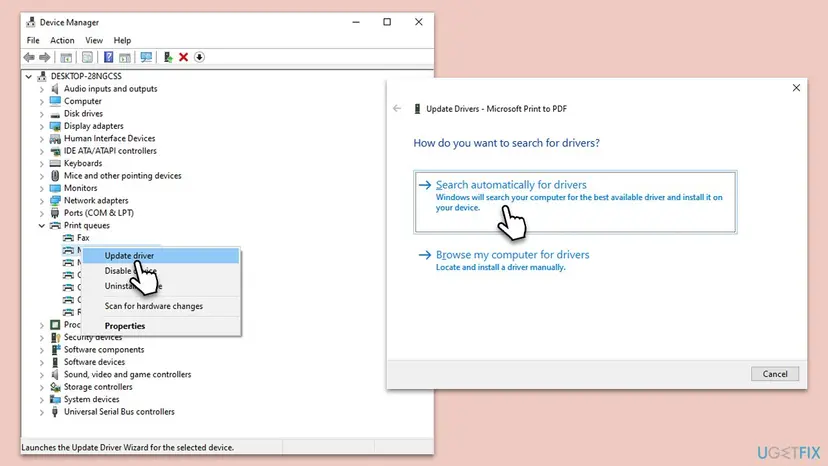 Device Manager with Print queues expanded and Update driver selected, next to the Update Drivers window with Search automatically for drivers