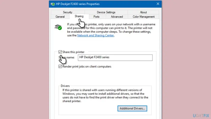 Printer properties window on Windows 10 with the Sharing tab open, Share this printer ticked, the share name field and the Additional Drivers button