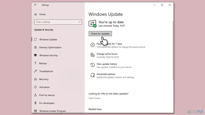 Windows 10 Settings at Windows Update with the Check for updates button and the status You're up to date