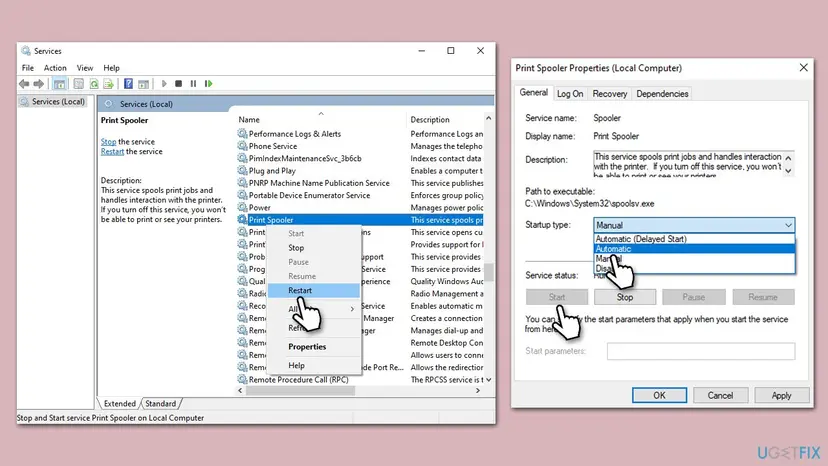 Services window on Windows 10 with Print Spooler selected and the right-click menu on Restart, next to Print Spooler Properties with Startup type set to Automatic