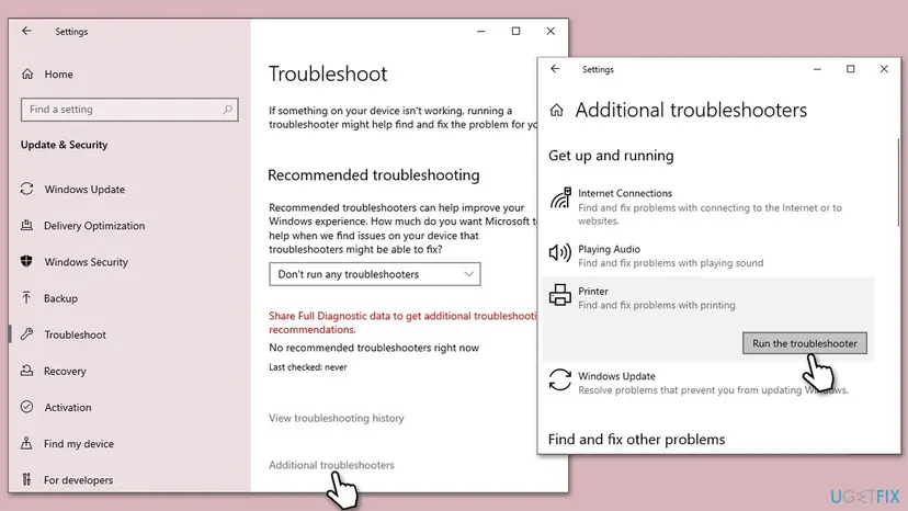 Windows 10 Settings at Troubleshoot and Additional troubleshooters, with Printer selected and the Run the troubleshooter button