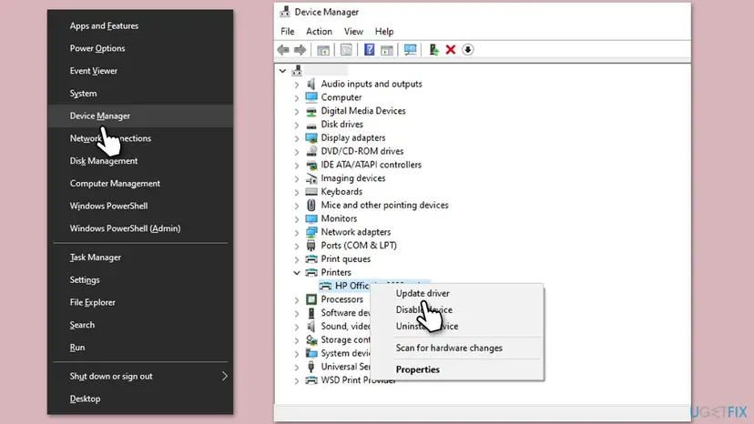 Device Manager on Windows 10 with Printers expanded, an HP printer selected and the right-click menu with Update driver, Disable device and Uninstall device