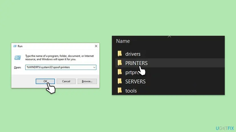 Run box with the path %WINDIR%\system32\spool\printers typed in, next to a folder list with drivers, PRINTERS, prtprocs, SERVERS and tools
