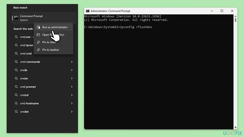 Start menu search for cmd with Run as administrator selected, next to a Command Prompt window with the command ipconfig /flushdns