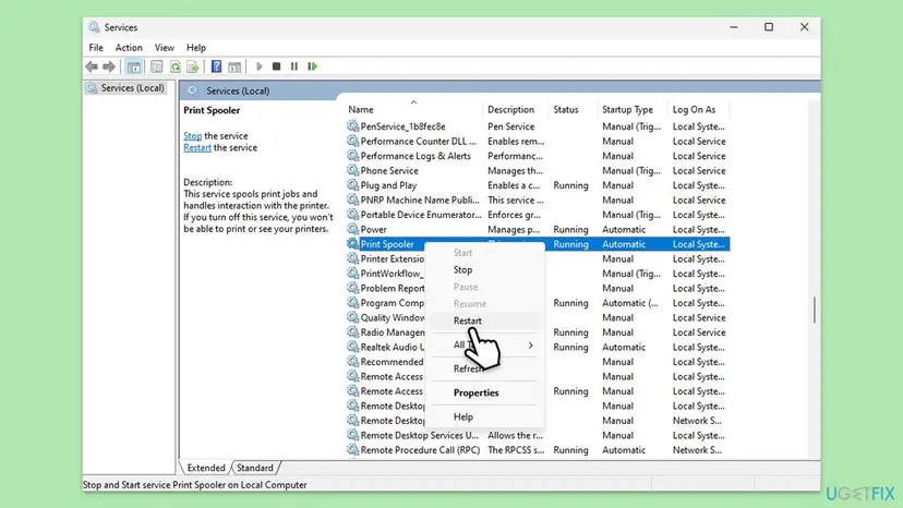 Services window on Windows 11 with Print Spooler selected and its right-click menu open on Stop, Restart and Properties