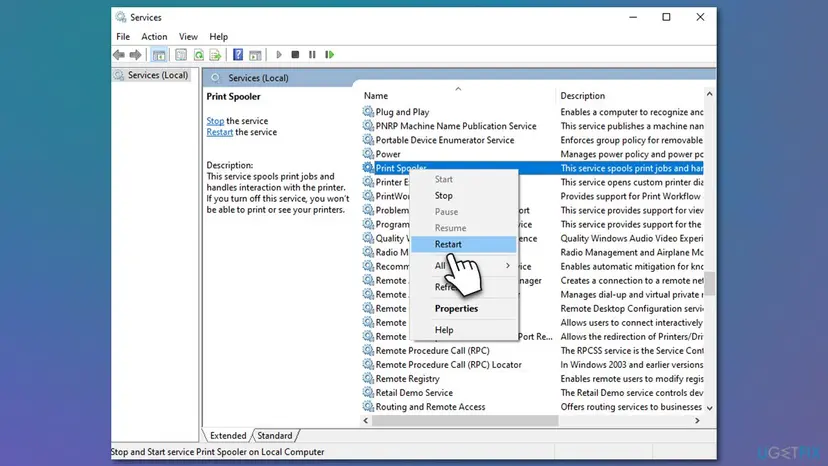 Services window with Print Spooler selected in the list and its right-click menu open with Start, Stop, Restart and Properties