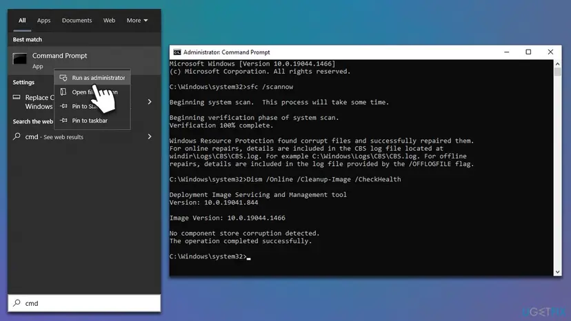 Search result for cmd with Run as administrator selected, and an administrator Command Prompt after sfc /scannow reporting that corrupt files were found and repaired