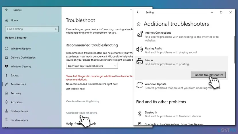 Windows 10 Settings, Troubleshoot page with the link Additional troubleshooters, and the Additional troubleshooters list with Printer and the button Run the troubleshooter
